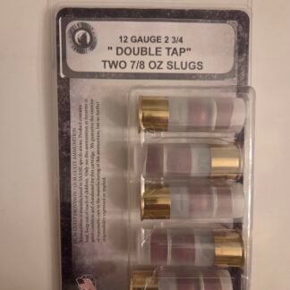 Packaging for 12 gauge shotgun ammo: 2 3/4 inch shells labeled 'Double Tap' with two 7/8 oz slugs visible through the casing.