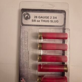 Package of 28‑gauge shotgun slugs labeled '28 GAUGE 2 3/4 5/8 oz THUG SLUG' with red shells in a clear blister pack