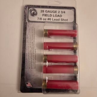 Package of 28-gauge shotgun field-load shells, 7/8 oz #6 lead shot (red hulls).