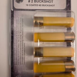 Box of 20-gauge shotgun shells (3 inch) with #2 buckshot; yellow plastic hulls visible in a plastic case.