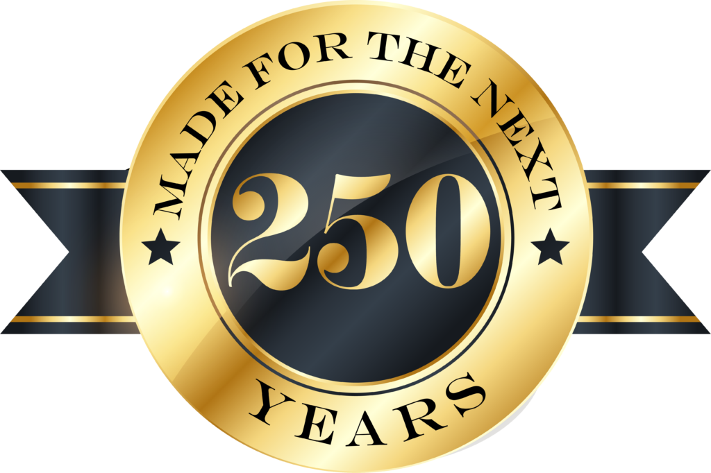 Gold circular medal badge marking 50 years, with a dark center and gold ribbon elements to imply a 50th anniversary.
