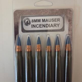 Packaging for 8mm Mauser incendiary ammunition containing several rifle cartridges with blue tips.